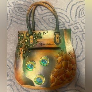 NWOT Anuschka Genuine Leather Peacock and Animal Print Tote Purse